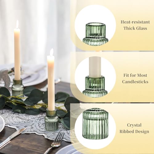 Green Glass Taper Candle Holders Set of 20 - Vintage Ribbed Design