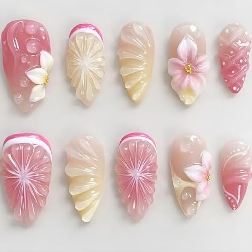 Sutaozhi Pink Flower Press On Nails Medium Almond Cherry Blossom Acrylic False Nails