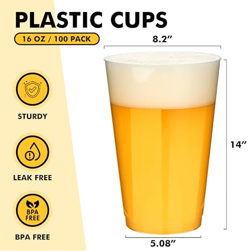RACETOP 16 oz Clear Plastic Cups - 100 Pack for Parties & Events