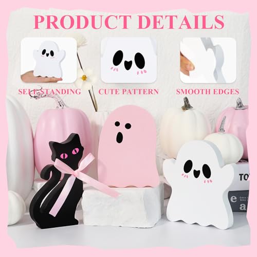 Cute Pink Ghost Halloween Decor - 3-Piece Wooden Set for Home
