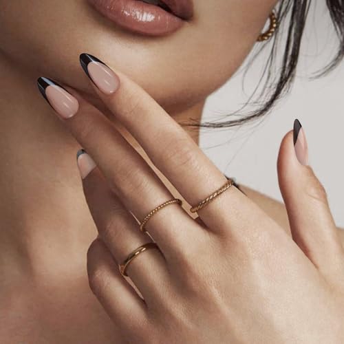 Black French Tip Press On Nails - Short Almond Fake Nails Kit