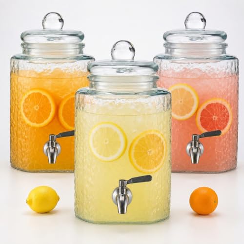 Tiangrid 3 Pack 1.5 Gallon Glass Drink Dispensers for Parties - Hammered Design