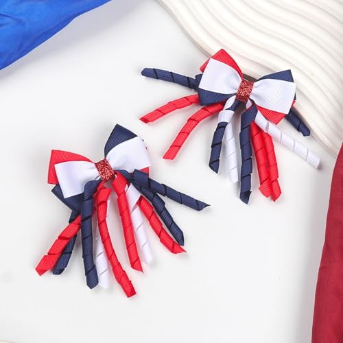 Doneace Independence Day Hair Bow Clips - 2 Pcs Red White Blue Curly Ribbon Hairpins for Girls