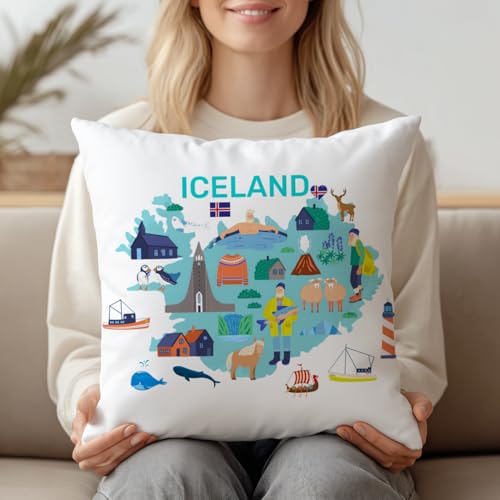 Iceland Travel Map Throw Pillow Cover - 18x18 Soft Flannelette