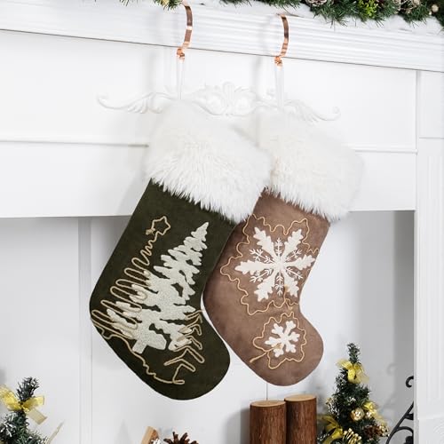 Christmas Stockings Set of 2 - Suede with Faux Fur Cuffs & Rope Embroidery, 20 Inch Large Holiday Decor