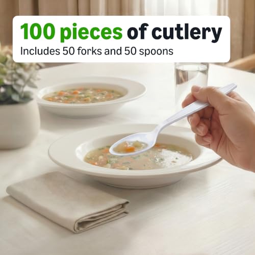 Amazon Basics Disposable Cutlery Set - 100 White Forks & Spoons