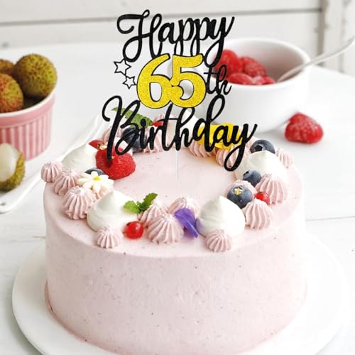 65th Birthday Cake Topper - Black Gold Glitter Decoration
