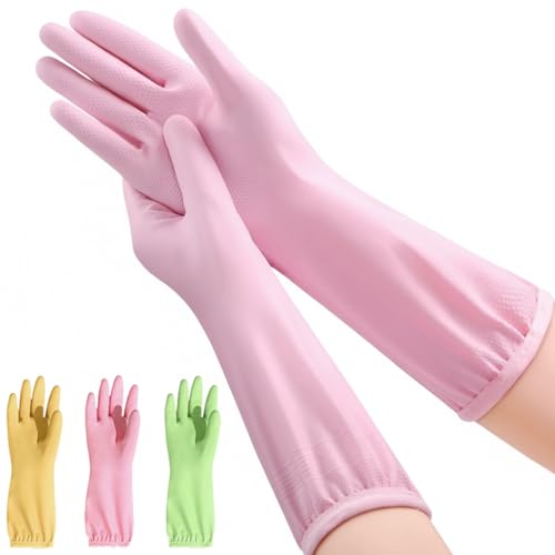 XAZISUYE Dishwashing Gloves - 3 Pairs, Medium, Pink Yellow Green