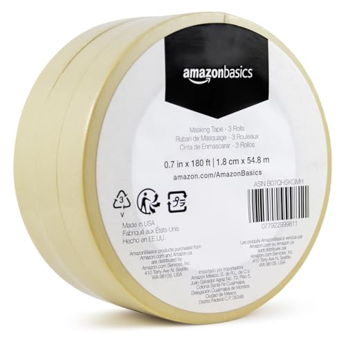 Amazon Basics Low Tack Masking Tape, 0.7 Inch x 180 Feet, 3-Pack
