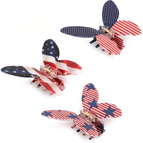 FASOTY Patriotic Butterfly Hair Claw Clips - 3 Pcs Red White and Blue