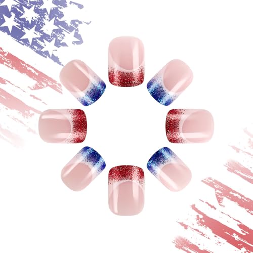 POWPOP Independence Day Short Square Press On Nails 24pcs Blue White Glitter False Acrylic Nails