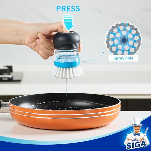 MR.SIGA Soap Dispensing Dish Brush - Refillable Non-Scratch Kitchen Scrubber, Navy/Blue