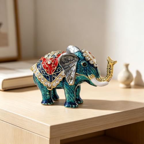 Blue Elephant Jewelry Box - Hand Painted Trinket & Gift Box, Hinged Figurine