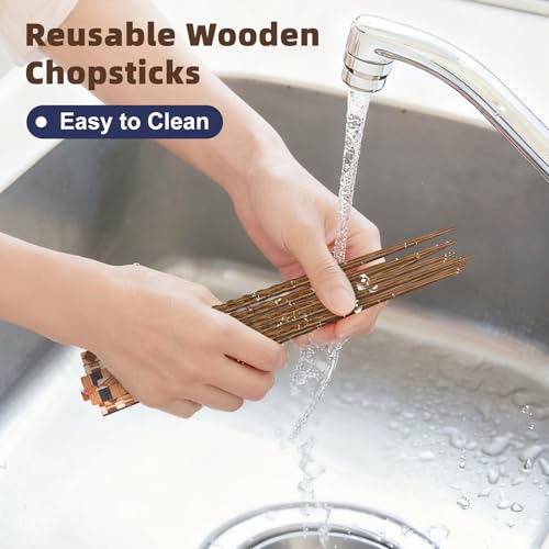 Antner Natural Wood Geometric Pattern Reusable Japanese Chopsticks Set – 8.8 Inch, Dishwasher Safe
