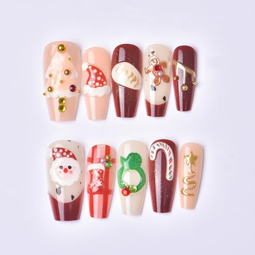 Christmas Press on Nails Medium Square French Tip Fake Nails with 3D Beads