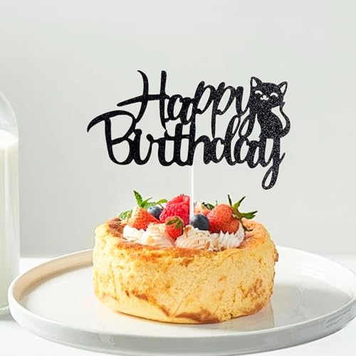 Cat Themed Birthday Cake Topper - Glitter Happy Birthday Decoration