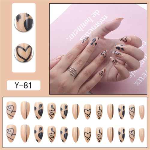 Valentines Press on Nails Medium Almond Black Heart Glossy Acrylic