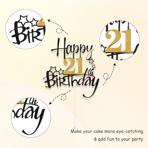 Glitter 21st Birthday Cake Toppers - Black and Gold Decorations
