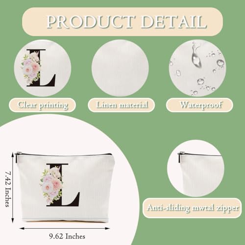 Initial L Rose Makeup Bag - Monogrammed Linen Travel Toiletry Pouch