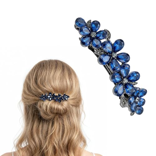 Blue Crystal Flower Hair Barrette Rhinestone Wedding Clip for Women