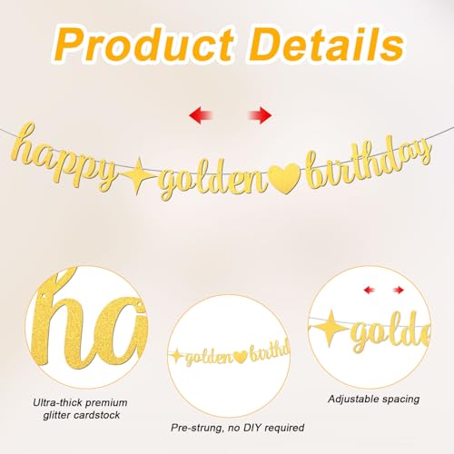 Gold Glitter Happy Birthday Banner - Adjustable Pre-Strung Decor