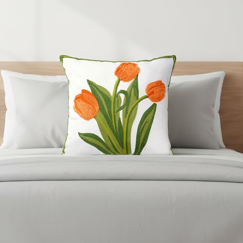 Miayon Embroidered Boho Floral Pillow Cover, 18x18 Inch - Orange Cotton