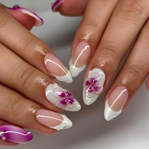 LBPEPAMZ 3D Floral Press On Nails Medium Almond White French Tip Fake Nails