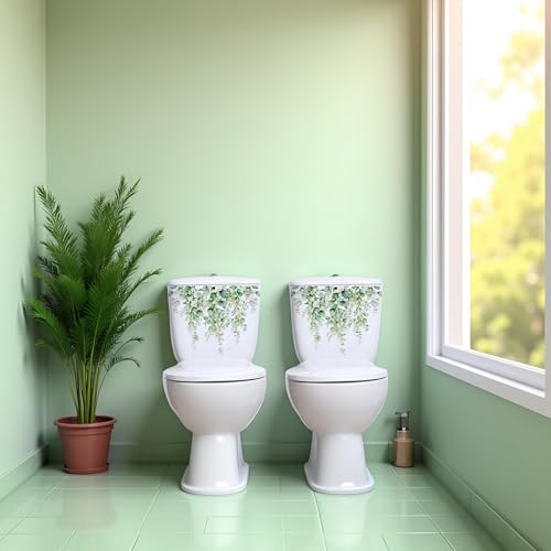Green Plant Toilet Lid Decals - Self-Adhesive Botanical Bathroom Wall Decor