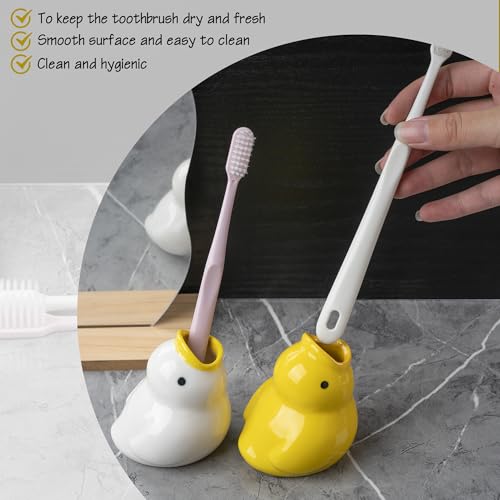 Ceramic Duck Toothbrush Holder Set - Cute Vanity Organizer (Yellow & White)