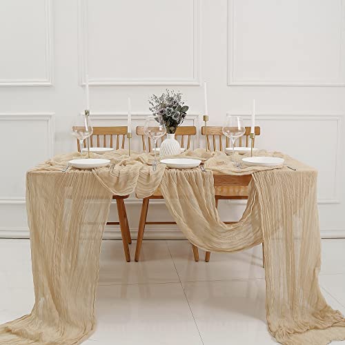 Beige Boho Cheesecloth Table Runner 13.3ft, Rustic & Elegant Dining Decor