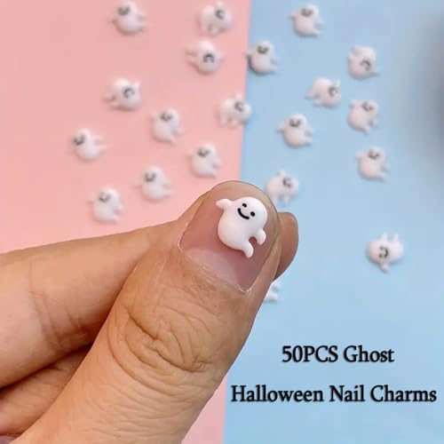 50PCS Halloween Nail Charms Cute 3D Ghost and Bat Resin Rhinestones
