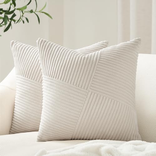 Topfinel Cream Corduroy Throw Pillow Covers Set of 2, 18x18 Inch
