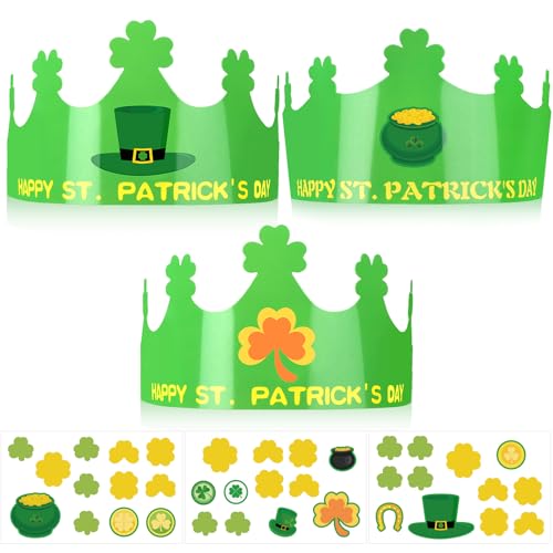 30 St. Patrick's Day Adjustable Paper Crowns for Kids Party