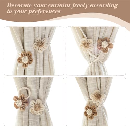 Boho Flower Curtain Tiebacks - 2Pcs Natural Linen Rope Holders