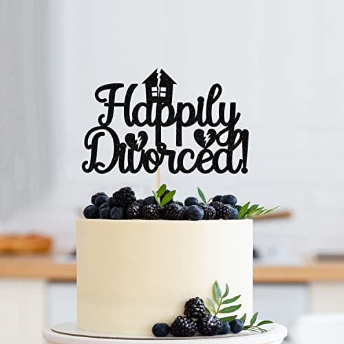 Happily Divorced Cake Topper - Black Glitter Divorce Party Decoration