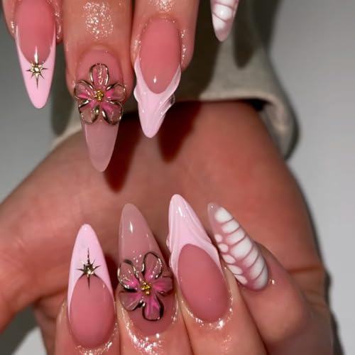 Teilihai Long French Tip Almond Press on Nails with 3D Flowers and Stars