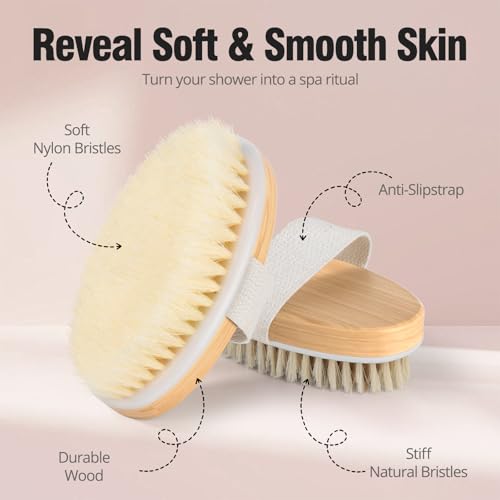 Dry Brushing Body Brush 2 Pack - Natural Bristle Exfoliating Shower Scrubber