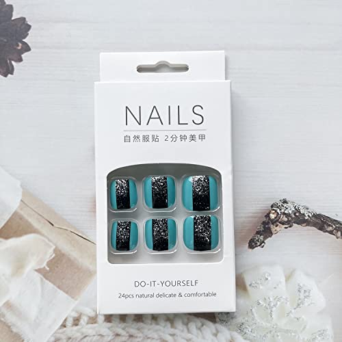 Short Press On Toenails Glossy Square False Toe Nails With Silver Glitter