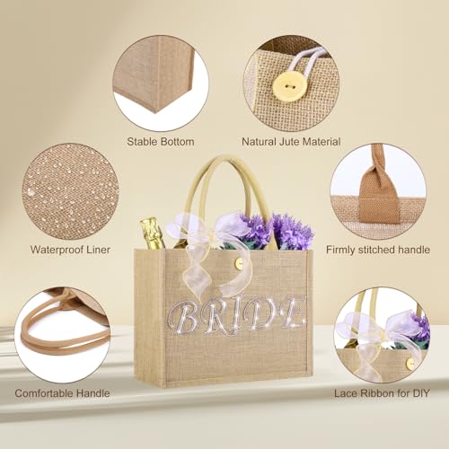 Large Jute Bride Tote Bag with Gold Trim & Ribbon - Wedding Gift