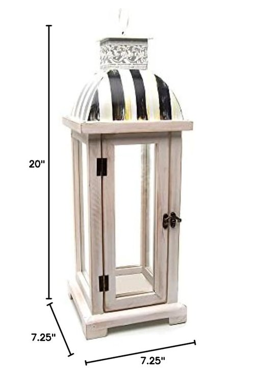 MACKENZIE-CHILDS Lantern, Wooden Lantern for Flameless Candles, Black-and-White Courtly Stripe