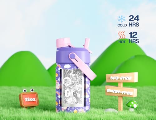12 oz Insulated Water Bottle for Kids - Unicorn Jam Design, Leakproof Lid, BPA-Free