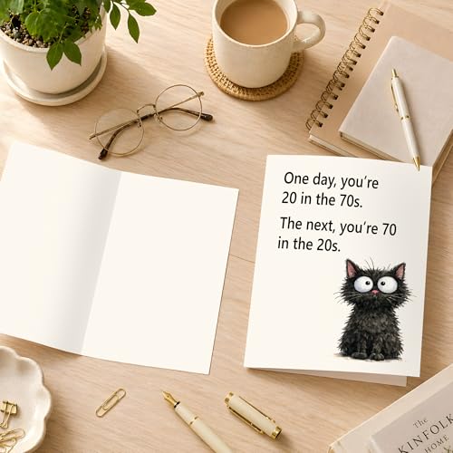Funny 70th Birthday Card - Whimsical Black Cat Design, 5x7 Inch Greeting