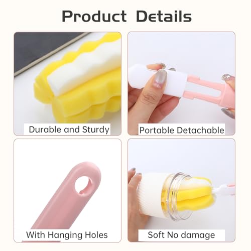 Bottle Brush Sponge Cleaner Set - 4 Handles with 2 Replacement Heads