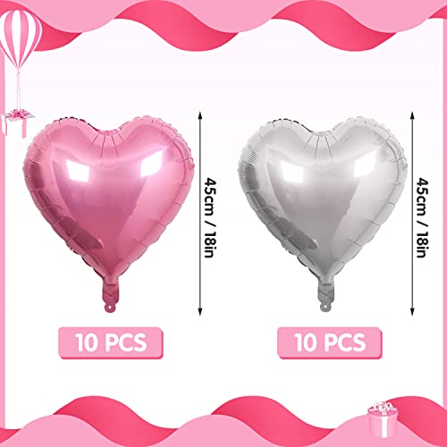 Larber 20PCS 18" Pink & Silver Heart Foil Balloons for Party Decor