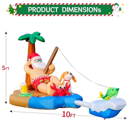 10FT Christmas Inflatable Santa Fishing by a Palm Tree with LED Lights - Holiday Yard Decor