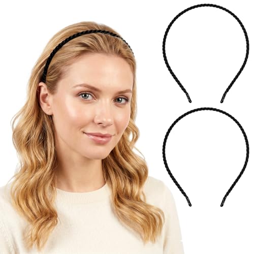 Gjinxi 2pcs Metal Thin Black Headbands for Women Men Lightweight Hair Bands