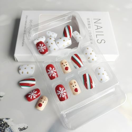 Christmas Press on Nails Short Square Snowflake Reindeer False Nails