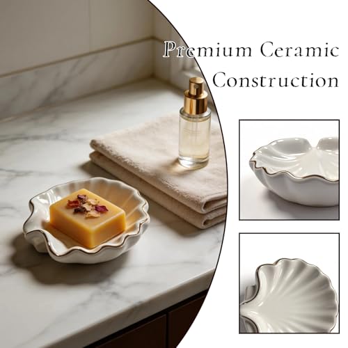 UULENNYM Shell Ceramic Soap Dish with Gold Trim - Coastal Bathroom Accessory
