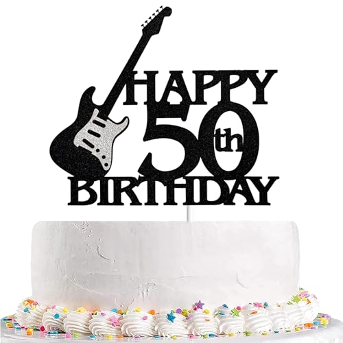 Guitar-Themed 50th Birthday Cake Topper - Black & Silver Glitter