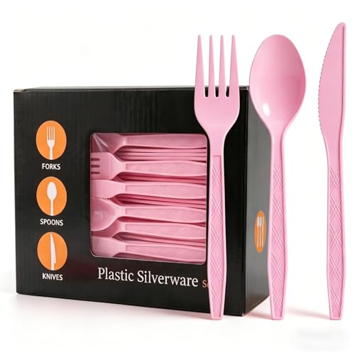 COSINIA 90-Piece Pink Disposable Cutlery Set, 6-Inch Heavy-Duty Flatware